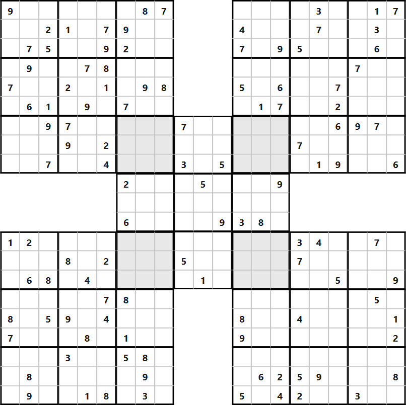 A five-grid Samurai puzzle: four corner grids physically overlapping a shared center grid.